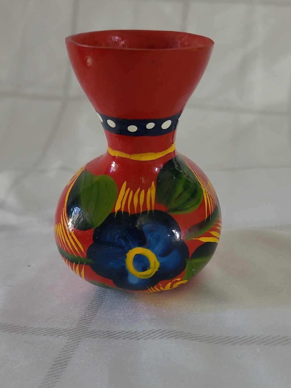 Vintage Small Vase Decor Hand Made Hand Painted Carved Wooden Flower 3"